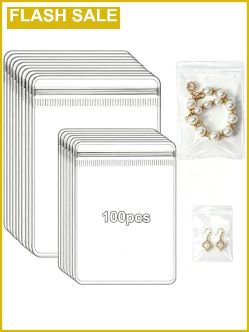 100 Clear PVC Jewelry Bags Anti Tarnish 2 Sizes 60+40 Pcs Ring Earring Organizer